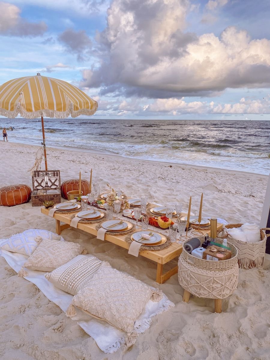 Sunset romantic beach picnic Miami golden hour couple